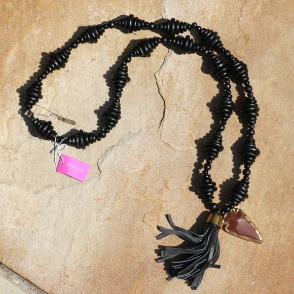 Handmade Ethnic Necklace Long Boho Leather & Wood Beaded Tassel Arrow Tribal NWT - Picture 1 of 7